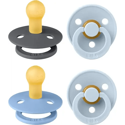 BIBS Pacifiers - Colour 4 Pack | Round Nipple Baby Pacifier | BPA Free Natural Rubber Latex Soother | Made in Denmark | Size 0-6 Months | Blue Colors