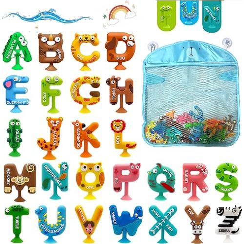 Mold Free Suction Bath Toys for Kids 26PCS, Bathtub Silicone ABC Alphabet Educational Montessori Sensory Toys for Baby/Toddlers, No Hole Animal & Letters Learning Toy with Storage Net for Autism/ADHD
