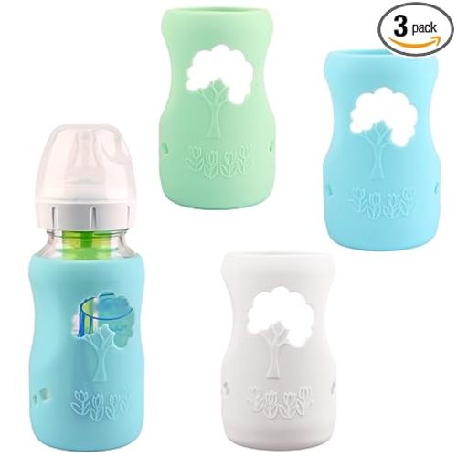 3 Pack Silicone Sleeves for Dr. Brown's Wide-Neck Glass Baby Bottles 9 oz | Anti Breakage Baby Bottle Holder, Compatible Dr. Brown Wide-Neck Glass Baby Bottles 9 oz (White+Blue+Green)