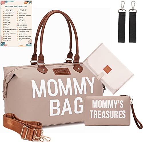 DOFASAYI Mommy Bag for Hospital, Diaper Bag Tote with Changing Pad, Pouches, Straps, Stroller Hook, Multifunction Hospital Bags for Labor and Delivery, Large Travel Tote Bag for Boys, Girls, Khaki