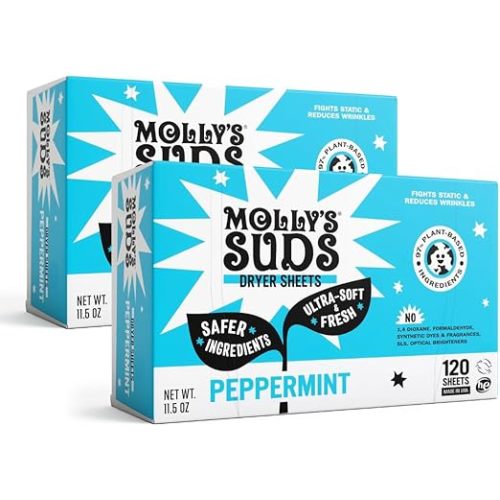 Molly's Suds Fabric Softener Dryer Sheets for Sensitive Skin | Plant-Based Static Reducer, Plastic-Free Packaging | Bundle of 2, Peppermint (240 Sheets Total)