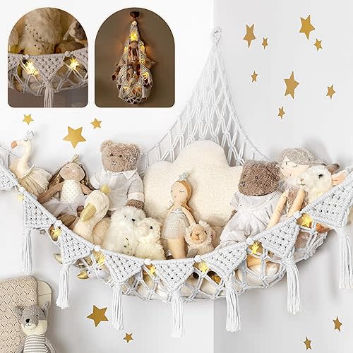 Snow White Macrame DreamLights Boho Stuffed Animal Storage Net (Extra Large) and Hammock for Small Plushies - Pure Cotton
