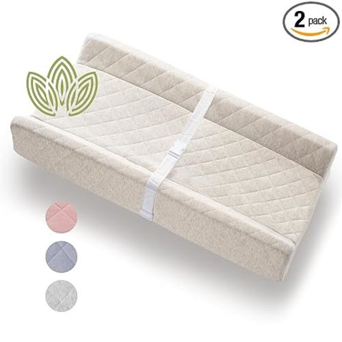 Organic Cotton Contoured Baby Changing Pad w/Waterproof Foam Mattress, Includes Soft, Removable & Washable Cover, Safety Strap, Non-Slip Bottom, Topper for Standard Size Infant Diaper Table & Dresser