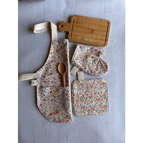 Toddler Kids Floral Apron- Play Apron for Girls - Gift for Toddler - Play Kitchen Accessories- Cooking Set- Apron with Oven Mitt for Play