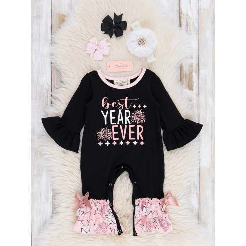 Black "Best Year Ever" Ruffle Romper