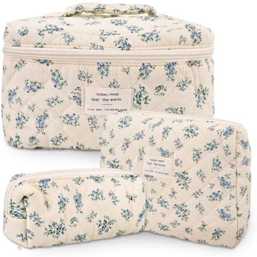 3Pcs Cotton Quilted Makeup Bag Large Travel Cosmetic Bag Coquette Makeup Pouch Cute Aesthetic Floral Toiletry Bag for Women Girls (flower-P)