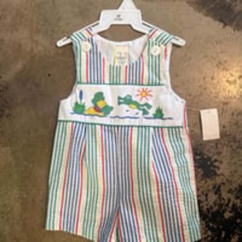 NWT Vintage 90s Searsucker Striped Smocked Romper Overalls Frog Alligator 12