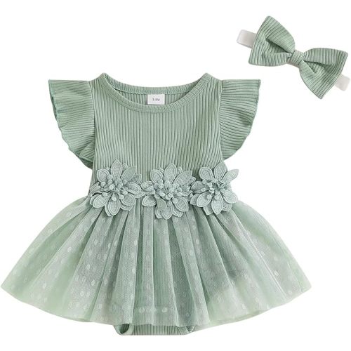 Hnyenmcko Newborn Baby Girl Summer Romper Dress Infant Fly Sleeve Flower Embroidery Mesh Tulle Skirt Hem Ribbed Bodysuit