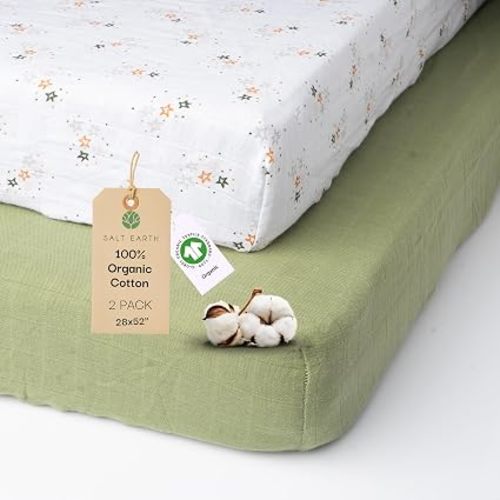 100% Organic Cotton Muslin Standard Fitted Crib Sheet for Boys, Girls & Toddlers – 52"x28", 2 Pack Soft Breathable Natural Cotton Mattress Bed Sheets, Neutral Crib Sheet (Green & Star)