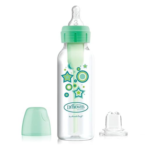 Dr. Brown's Natural Flow Anti-Colic Options+ Narrow Sippy Bottle Starter Kit, 8oz/250mL, with Level 3 Medium-Fast Flow Nipple and 100% Silicone Soft Sippy Spout, Green, 6m+ - 8 oz, Narrow, Green