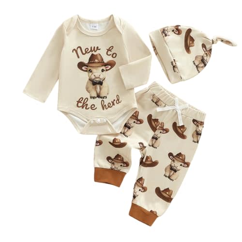 KMBANGI New to The Herd Outfit Newborn Baby Boy Clothes Long Sleeve Cowboy Romper Shirts Pants Hat 3Pcs Western Clothes Fall