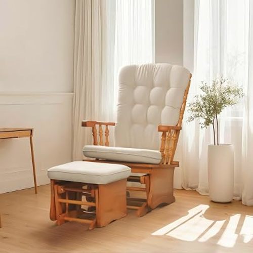 Solid Wood Glider Rocking Chair with Ottoman, Anti-Pinching, Honey