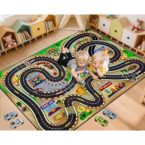 Kids Rug, Race Track Baby Play Mats, 3x5 Ft Kids Rug for Playroom,Extra Thick (0.4in) Realistic 3D Cascading Surround Route, Great for Playing with Cars and Toys, Non-Slip Car Carpet