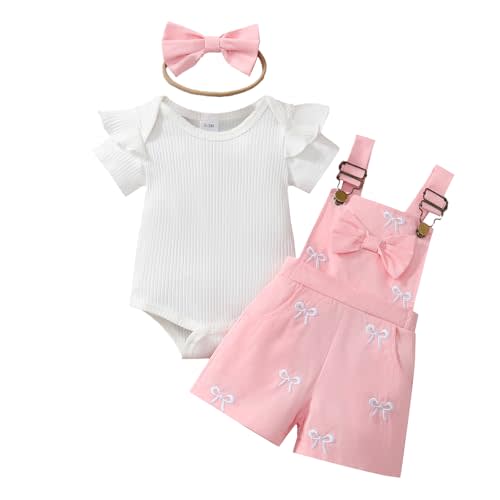 Newborn Baby Girl Clothes Summer Outfit Short Sleeve Ribbed Romper Suspender Overalls Shorts Set