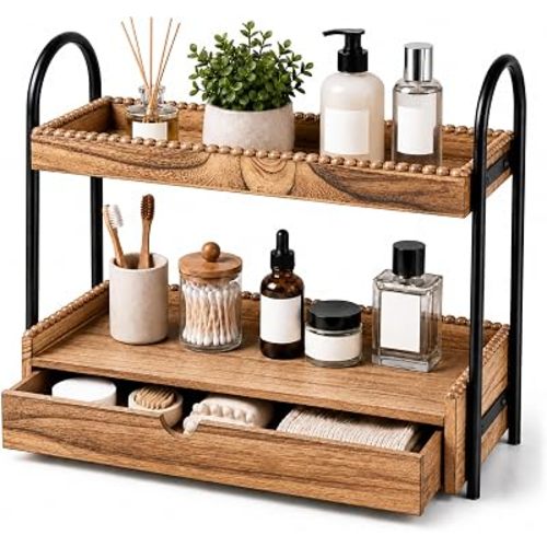 Novabright 2-Tier Bathroom Countertop Organizer with Drawer, Wood Beaded Vanity Organizer and Storage Shelf for Skincare, Makeup, Perfume, Bathroom, Kitchen and Coffee Bar