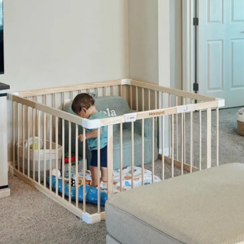 HARPPA Wooden Baby Gate Playpen | Non-Toxic Foldable DIY Adjustable Play Yard for Infants & Toddlers – Natural Finish Baby Fence for Small & Large Spaces