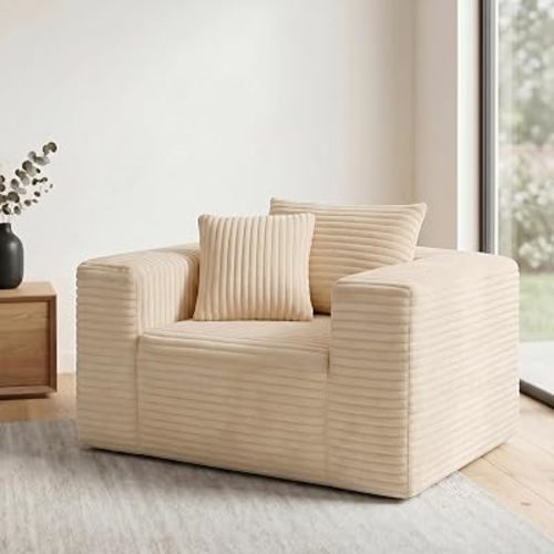 Boneless Single Sofa Chair for Adult, Corduroy Cloud Lounge Chair with 2 Pillows & Wide Armrests, High-Density Foam Reading Couches for Living Room & Office, No Assembly Required, Beige