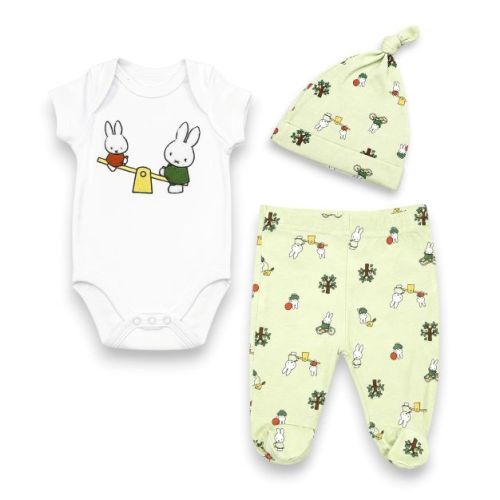 Miffy Baby Boys’ 3-Piece Soft Bodysuit, Footed Pants & Beanie Hat Layette Set, White/Soft Green, 3 Months