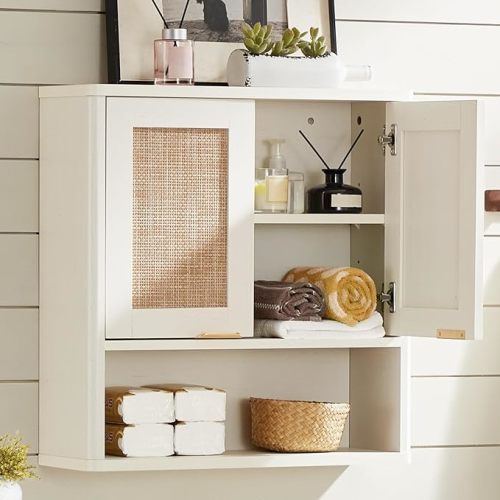 LEYAOYAO Rattan Bathroom Wall Cabinet, Boho Medicine Cabinet with Adjustable Shelve & Doors, Over The Toilet Storage Cabinets Organizer for Laundry Room, Kitchen, Living Room, White