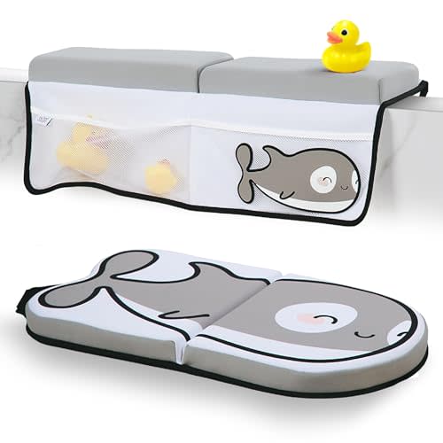 Small Steps Bath Kneeler and Elbow Rest Pad Set – Ergonomic Baby Bath Kneeling Pad with Memory Foam and Non-Slip Design – Orca-Themed Comfort with Handy Pockets for Bathing Babies and Kids