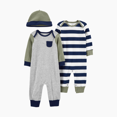 Carter's 3-Piece Jumpsuit & Cap Set - Green/Navy/Grey/Stripes, 9M