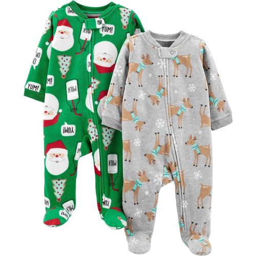 Simple Joys by Carter's Kid's 2-Pack Holiday Loose Fit Fleece Footed Pajamas Sleepwear, Heather Grey Reindeer/Green Santa, 3-6M