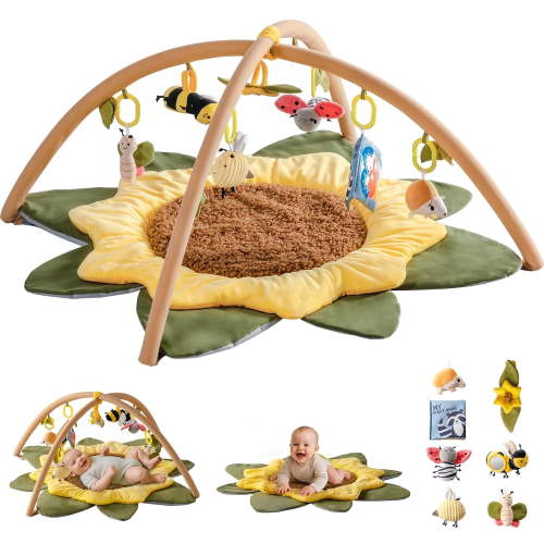 Robud Baby Play Mat, Sunflower Shaped Tummy Time Mat with 7 Detachable Toys, Oversize Play Mat for Babies 0-6 Months