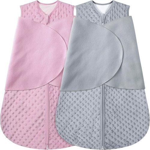 BSTOPPT Fleece Newborn Sleep Sack Baby Swaddle,3-Way Adjustable Wearable Blanket,2 Pack Fleece Swaddling sleeping bag TOG 2.0， (Gray & Pink, 3-6 Months)