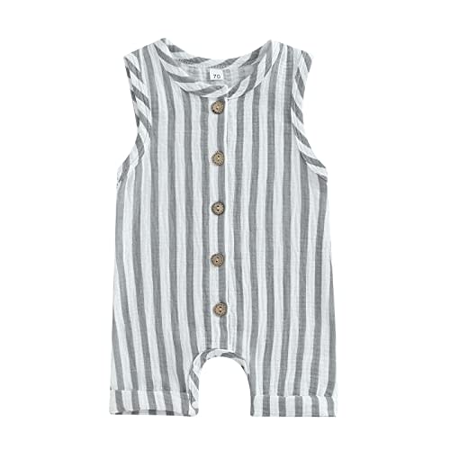 Infant Baby Boys Girls Cotton Linen Jumpsuits Sleeveless Button Down Striped Short Overalls Romper Summer Fall Outfits