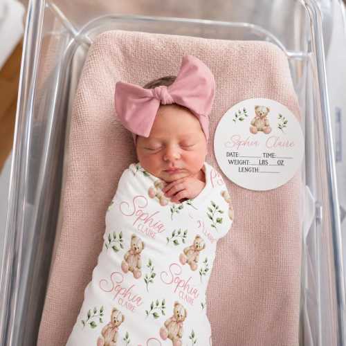 Personalized Teddy Bear Swaddle Blanket, Optional Bundle, Newborn Coming Home Outfit Photo Props, Baby Announcement Sign, Baby Shower JS81