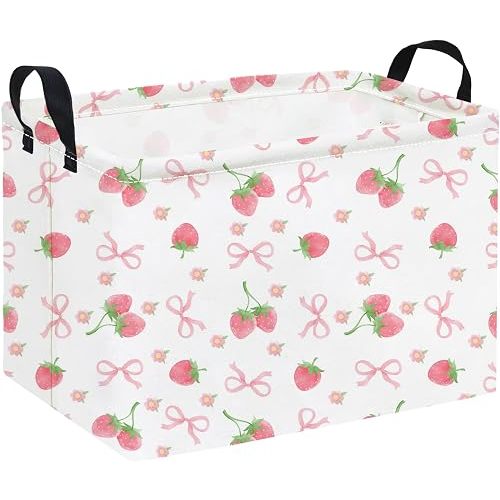 LATOGHIVE Rectangular Storage Basket Waterproof Storage Bin for Bedroom Collapsible Bin Books Box Basket Room Decor(Bowknot Strawberry)