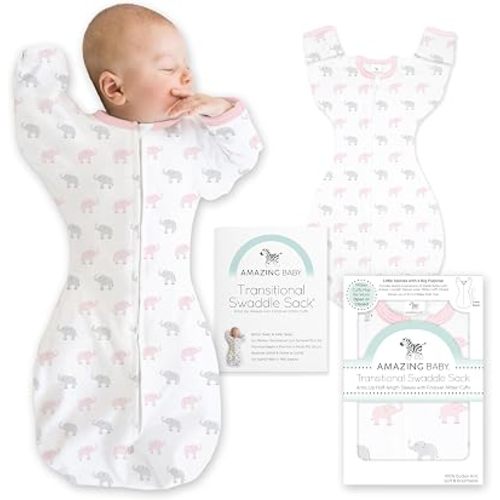 Amazing Baby Transitional Swaddle Sack, Cotton, Tiny Elephants Pink, 0-3mo