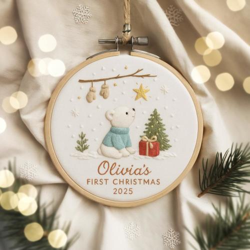 Baby’s First Christmas Embroidery Hoop Ornament, Personalized Embroidered Keepsake, Custom Name Hoop, Newborn Christmas Gift, Baby Ornament