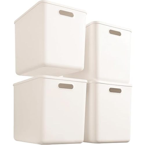 4 pack large plastic White storage bins Baskets, Toy Box Chest with Lids and Handle，Organizer Containers for Baby，Kids,snacks,Nursery，Shelves，Playroom, Bedroom，Office,Closet，home