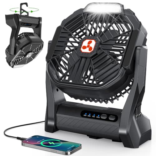 Portable Rechargeable Fan, 20000mAh Cordless Battery Powered Camping Fans | with LED Lantern Operated Outdoor Ventiladores for Travel Tent Camp Fishing Office Home Essentials Black