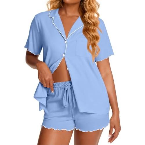 Ekouaer Viscose from Bamboo Women Pajama Sets Button Up Cooling Pjs Short Sleeve Ruffle Sleepwear 2 Piece Lounge Shorts Set