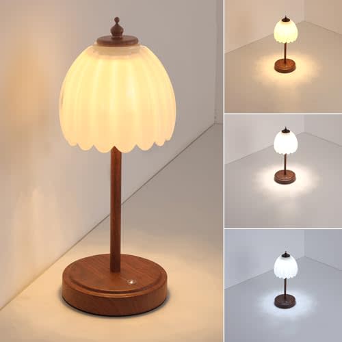 Tulip Table Lamp with 5200mAh Battery & Touch Control, Small Cordless Table Lamp with 3 Colors, Rechargeable Battery Operated Table Lamps for Bedroom, Desk, Bedside (White-Walnut Color)