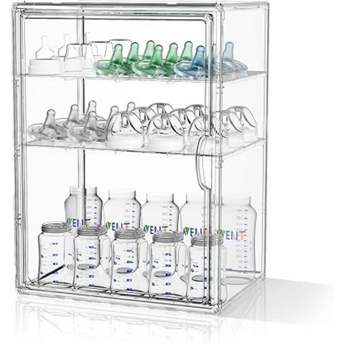 JOYZAN Clear Baby Bottle Organizer for Countertop 3 Tier Stackable Plastic Bottle Station Organizer with Adjustable Dividers Baby Bottle Storage Organizer for Cabinet,Home,Bathroom XXL