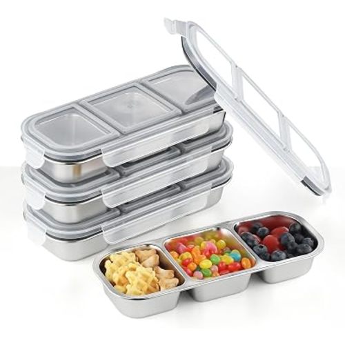 3 Compartment Stainless Steel Snack Containers with Lids- 3 Compartments Bento Lunch Snack Boxes - Reusable Meal Prep Lunch for Adults for Home Travel (3compartment4PCS)
