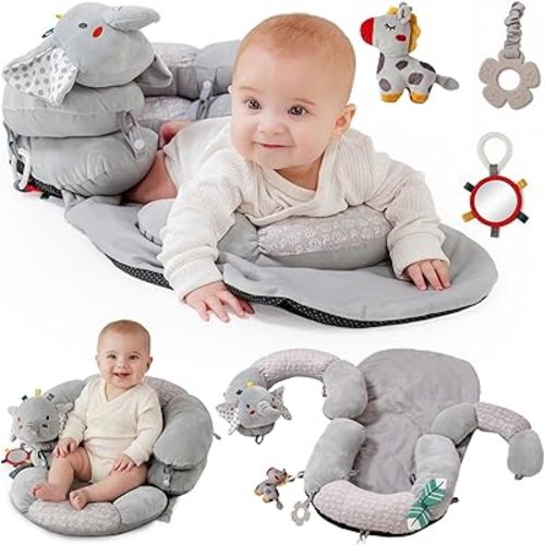 2-in-1 Tummy Time Mat & Baby Lounger Pillow - Seat Support for Baby Play Mat for Babies 0-6 Months, Infant Lounger Activity Center with Newborn Toys, Floor Pillows Sit Me Up (Elephant)