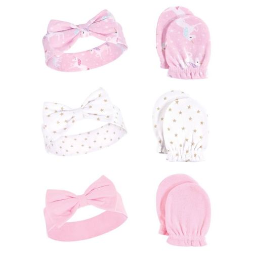 Hudson Baby Infant Girls Cotton Headband and Scratch Mitten 6pc Set, Unicorn, 0-6 Months