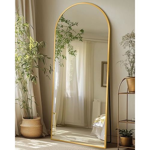 Coomily Full Length Mirror with Stand, 58"x18" Arched Full Body Mirror, Large Stand Up Aluminum Frame Floor Freestanding Hanging Leaning Mounted for Bedroom Living Room Entryway Gold
