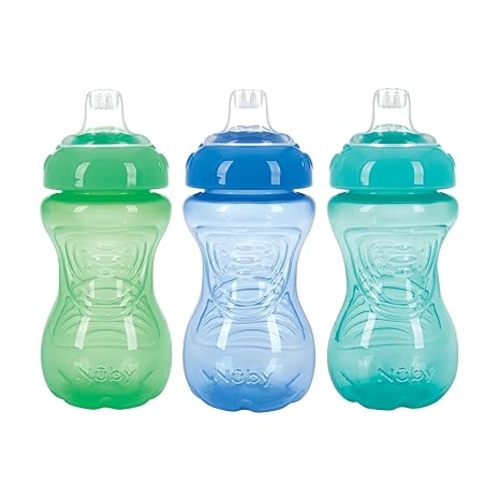 Nuby 3 Pack No Spill Toddler Sippy Cups - Toddler Cups Spill Proof with Easy and Firm Grip - Blue, Aqua, Green