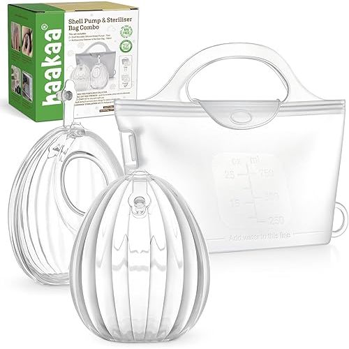 haakaa Wearable Silicone Breast Pump with Steriliser Bag, 2-in-1 Hands-Free Passive Breast Milk Catcher for Nursing Mom, Breastfeeding Essentials, 2-Pack 75ml Pumps & 1 Steriliser Bag, Frosted