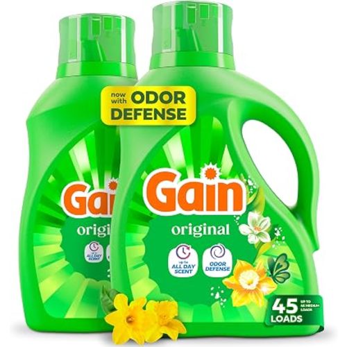 Gain Liquid Laundry Detergent with Odor Defense, Original Scent, Laundry Soap For HE Washing Machines, 60 fl oz, 45 Loads, Pack of 2 (Packaging May Vary)