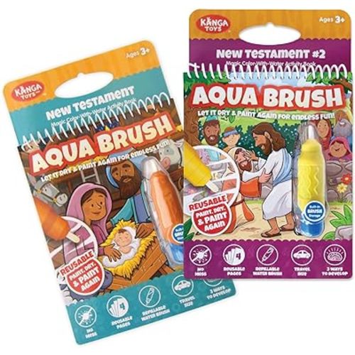 Aqua Brush 2 Pack of The New Testament Color with Water Activity Book, Bible School, Preschool, Elementary, Primary, Christian, Religion, for Kids Ages 3+