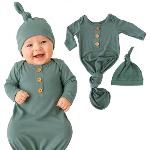Caden Lane Newborn Knotted Gown with Hat, Soft Bamboo Viscose Baby Sack, Unisex Infant Breathable Night gown Emerald