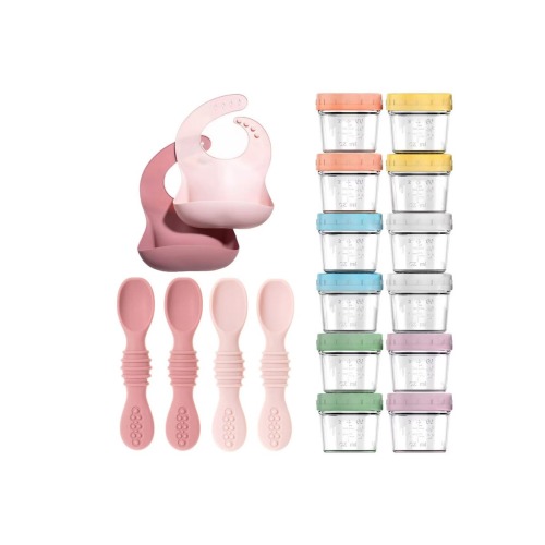Glass Baby Food Storage Jars, Silicone Baby Spoons and Bibs Set, One Size