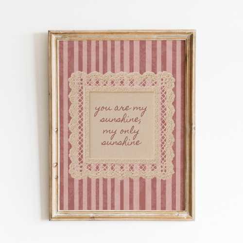 Vintage Sunshine Quote Wall Art | Shabby Chic Nursery Love Print | Pink Striped Decor | Rustic Farmhouse Poster | You Are My Sunshine Art