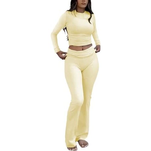 ZFLM Casual Workout Two Piece Outfits Long Sleeve High Waist Fold-Over Flared Leggings Pants Tracksuit Sets Streetwear